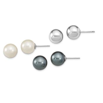 Rhodium Over Sterling Silver 10-11mm White/Grey Imitation Shell Pearl 3
Earring Set
