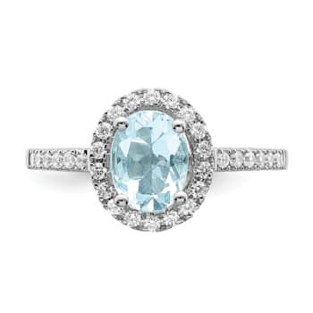 Rhodium Over 14K White Gold Aquamarine Diamond Halo Engagement Ring
