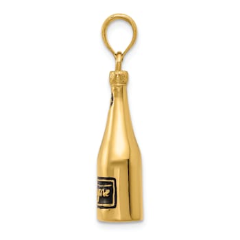 14k Yellow Gold Polished 3D Black Enameled Champagne Bottle Pendant
