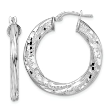 Rhodium Over Sterling Silver 3x29mm Diamond-Cut Twisted Tube Hoop Earrings
