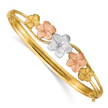 14k Tri-color Gold Brushed Diamond-Cut 11mm Plumeria Hinged Bangle