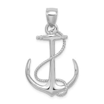 Rhodium Over 14K White Gold Polished and Textured 3D Anchor with Rope Charm