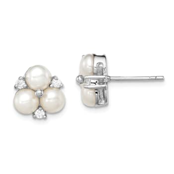 Rhodium Over Sterling Silver 5-6mm White Freshwater Cultured 6-Pearl
Cubic Zirconia Post Earrings