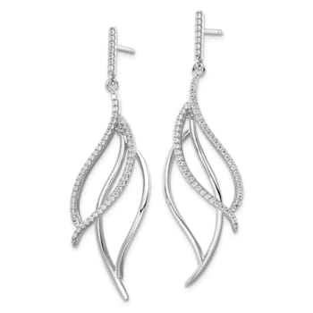 Rhodium Over Sterling Silver Cubic Zirconia Leaf Dangle Earrings