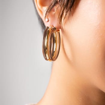 14K Yellow Gold Over Sterling Silver Acrylic Ridge Hoop Earrings in Blackberry