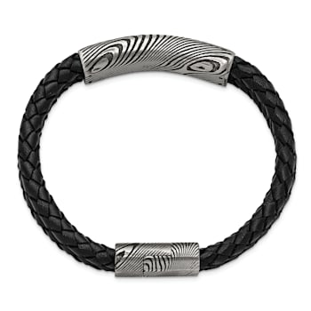 Black Leather and Stainless Steel with Damascus Steel Bracelet
