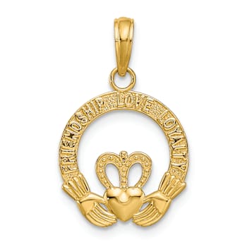 14k Yellow Gold Satin, Textured and Diamond-Cut Claddagh Pendant