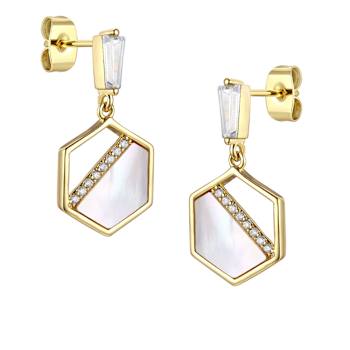 Pear Shape CZ And Mother Of Pearl Hexagon Drop Earrings In 14K Gold Over Brass
