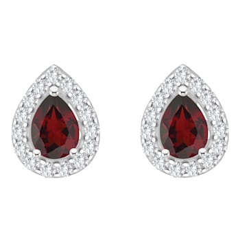 8x5mm Pear Shape Garnet And White Topaz Accent Rhodium Over Sterling
Silver Halo Stud Earrings