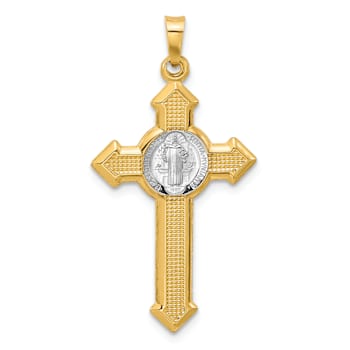 14K Two-tone Gold Textured Budded St. Benedict Cross Pendant