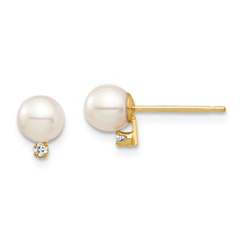14K Yellow Gold Children's 4-5mm White Round Freshwater Cultured Pearl
and Diamond Stud Earrings