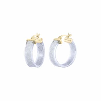 14K Yellow Gold Over Sterling Silver Wide Silver Color Glitter Clear
Acrylic Hoops