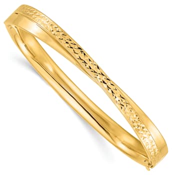 14k Yellow Gold 7.4mm Polished and Diamond-Cut Bypass Hinged Bangle