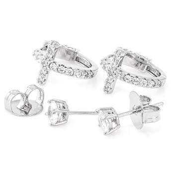 CZ Cross Huggie And Stud Earring Set In Gold-Tone Brass