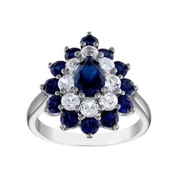 Lab Created Sapphire Double Halo Sterling Silver Ring 3.61 ctw
