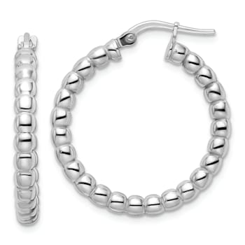 Rhodium Over Sterling Silver Polished 3mm Beaded Hoop Earrings