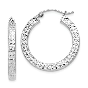 Rhodium Over Sterling Silver Diamond-cut 3x25mm Square Tube Hoop Earrings