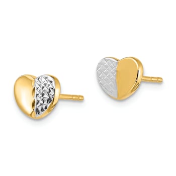 14k Yellow Gold and Rhodium Over 14k Yellow Gold Diamond-Cut Heart Stud Earrings