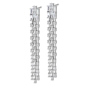 Rhodium Over Sterling Silver Polished Fancy 3-Row Cubic Zirconia Post
Dangle Earrings