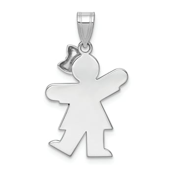 Rhodium Over 14k White Gold Satin Diamond Girl with Bow on Left Pendant