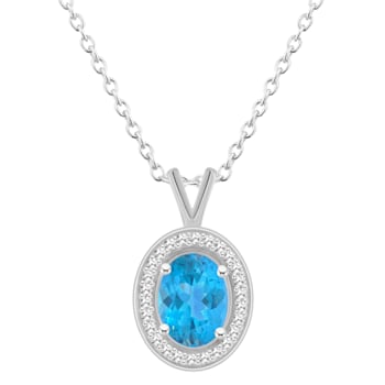 8x6mm Oval Blue Topaz 1/8 ctw Diamond Rhodium Over Sterling Silver Halo
Pendant with Chain