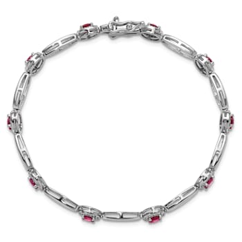 Rhodium Over Sterling Silver Fancy Lab Created Ruby and Cubic Zirconia Bracelet