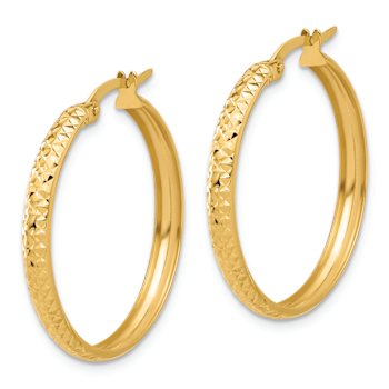 14k Yellow Gold Polished and Diamond-Cut 1 1/16" Hoop Earrings