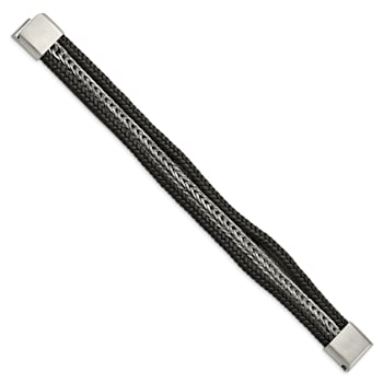Black Leather and Stainless Steel Polished Multi-Strand 8.5-inch Bracelet