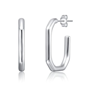 Hexagonal Open Hoop Earrings In White Rhodium Over Brass