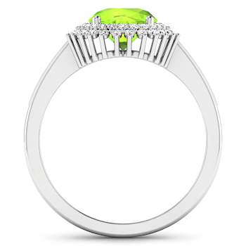 14K White Gold Green Peridot and White Diamond Oval Halo Ring 2.12ctw