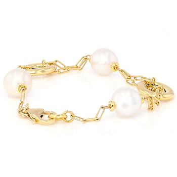 Cultured Freshwater Pearl Station Bracelet In 18K Gold Over Bronze 9mm