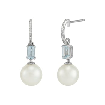 8-8.5mm Round White Freshwater Pearl, Aquamarine and Diamond Accents 14K
White Gold Drop Earrings