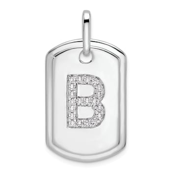 Rhodium Over 14k White Gold Diamond Initial B Dog Tag Charm