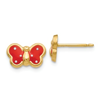 14k Yellow Gold Red Enameled Butterfly Stud Earrings