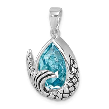 Rhodium Over Sterling Silver Polished and Antiqued Crystal Mermaid Tail Pendant