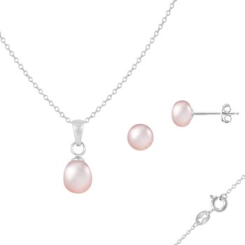 6.5-7mm Button/Drop Pink Freshwater Pearl Rhodium Over Sterling Earring
and Pendant W/Chain Set
