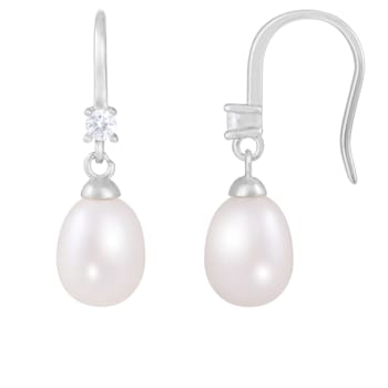 White Cultured Freshwater Pearl and Cubic Zirconia Rhodium Over Sterling
Silver 7-8mm Drop Earrings