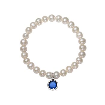 Freshwater Pearl And Dark Blue CZ Charm Stretch Bracelet In Sterling Silver