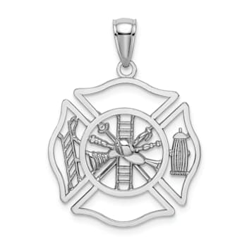 Rhodium Over 14k White Gold Fireman Shield Pendant