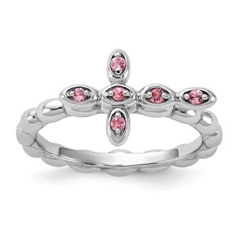 Rhodium Over Sterling Silver Stackable Expressions Cross Pink Tourmaline
Ring 0.1ctw