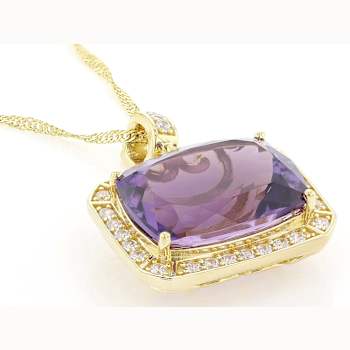 Amethyst Rectangular Cushion And White Zircon Pendant Necklace In 18K
Gold Over Sterling Silver 15.53ctw