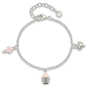 Sterling Silver Enamel Lollipop, Cupcake and Heart with 1.5-inch
Extension Children's Bracelet