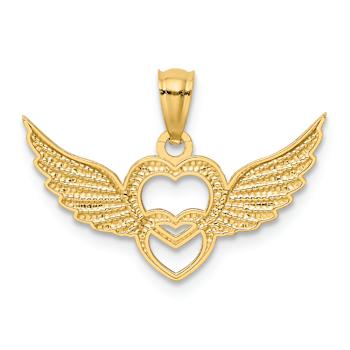14k Two-tone Gold Polished and Textured Hearts with Wings Pendant