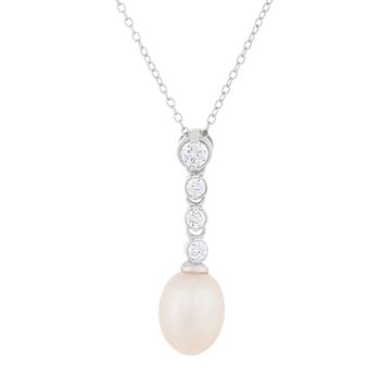 8-9mm White Cultured Freshwater Pearl Sterling Silver Pendant W/Chain