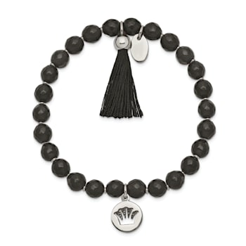 Stainless Steel Polished Crown with Tassel Black Jade Stretch Bracelet