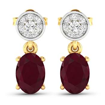 1.70ctw 14K Yellow Gold Red Ruby and White Diamond Halo Earrings
