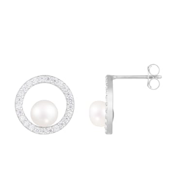 White Cultured Freshwater Pearl and Cubic Zirconia Rhodium Over Sterling
Silver 6-7mm Stud Earrings
