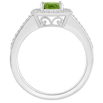 8x6mm Oval Peridot 1/5 ctw Diamond Rhodium Over Sterling Silver Halo Ring