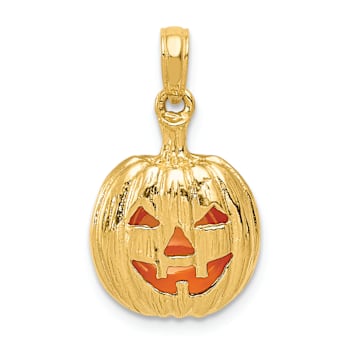 14k Yellow Gold Textured and Inside Enameled 3D Cut-Out Pumpkin Pendant