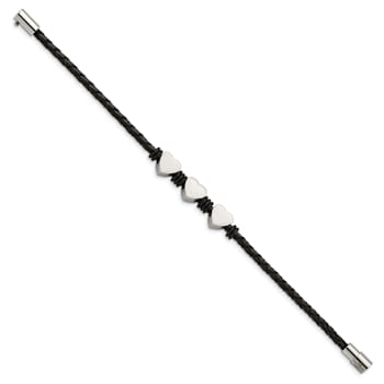Black Leather and Stainless Steel with Polished Hearts 7.5-inch Bracelet